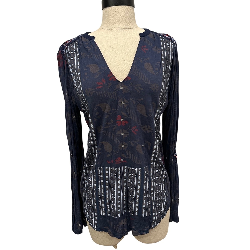 Lucky Brand Womens Navy Mixed Print Embroidered Bell Sleeve Boho Top Size S
